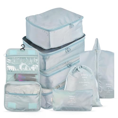 Fesjoy Sacs de Rangement pour Bagages Portables, Ensemble de 8 Pièces, Tissu en Nylon Anti-odeur, Sac Rangement pour Vêtements, Chaussures, Pochette Voyage, Ensemble D'emballage Valise