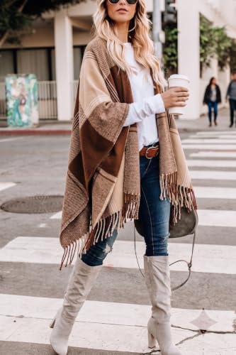 Image of Bestshe Women's Boho Open Front Poncho Plaid Shawl Wrap Cape