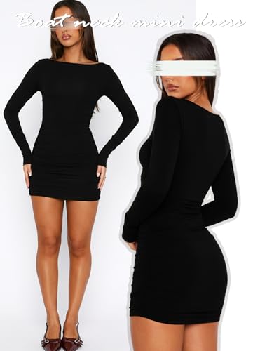 Navneet Women Boat Neck Mini Dress Ruched Long Sleeve Dress Sexy Bodycon Dresses Going Out Dresses Cocktail Party Club Fall - Image 5