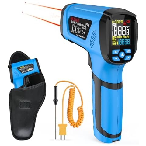 MESTEK Infrared Thermometer Temperature Gun, -40℉ to 2192℉ Dual Laser High Temp Thermometer with LCD Color Display, Non-Contact Industrial Pyrometer 50:1 Distance Ratio, Adjustable Emissivity Cover