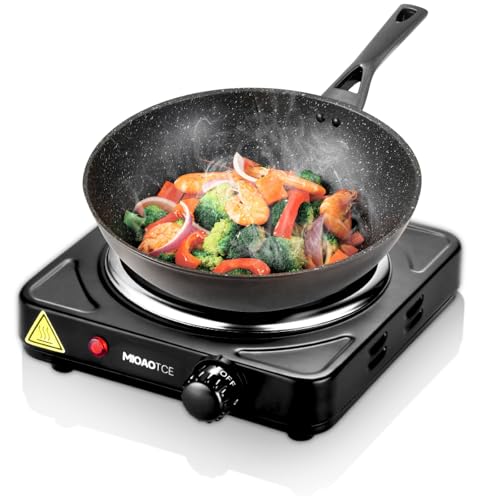 MIOAOTCE Countertop Single Cast Iron Burner 1000 Watts Electric Hot Plate with Adjustable Temperature 6.1" Cooktop for Dorm, Office, Home, Camp, Compatible for All Cookwares