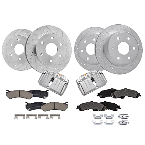 Image of Detroit Axle - Front & Rear Drilled Rotors Brake Pads + Rear Brake Calipers Replacement for Chevrolet GMC Silverado Suburban Avalanche Sierra Yukon XL 1500 Tahoe Cadillac Escalade - 10pc Set