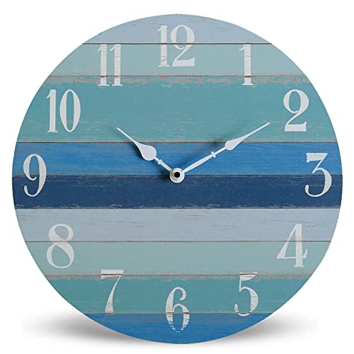 NIKKY HOME 30.5 cm, rustikales Strandthema, Küstenblau, Holz, runde Wanduhr, leise, nicht tickende Farbverläufe, gespleißte Bauernhaus-Holzuhr für nautisches Badezimmer, Wohnzimmer, Schlafzimmer Cover