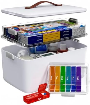 LEGUO Medikamentenbox mit 2 Ebenen und Tragegriff, Hausapothekenbox inkl. 7-Tage-Tablettenbox, weiß