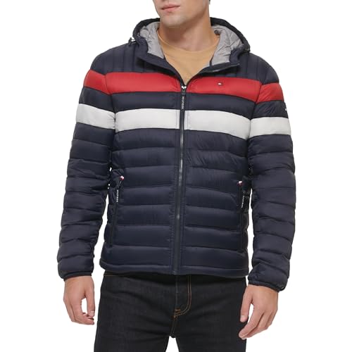 Tommy Hilfiger Men's Water Resistant Ultra Loft Filled Hooded Puffer Jacket, Navy/Red, XXL
