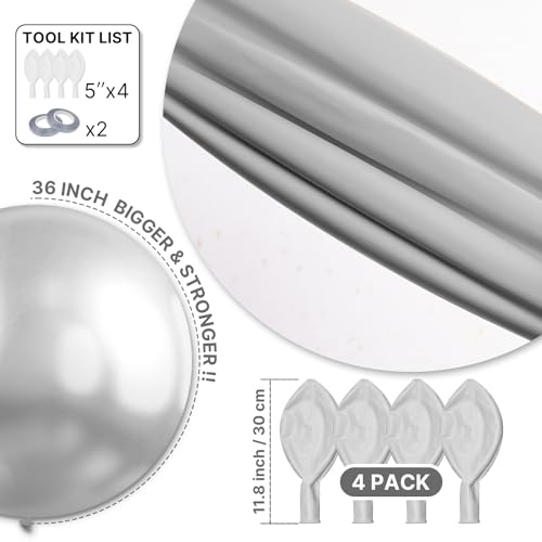 Image of PartyWoo Metallic Silver Balloons 4pcs 36 Inch Large Big Jumbo Giant Silver Chrome Balloons for Graduation Wedding Baby Shower Bachelorette Anniversary Birthday Party Decorations Silver-G102