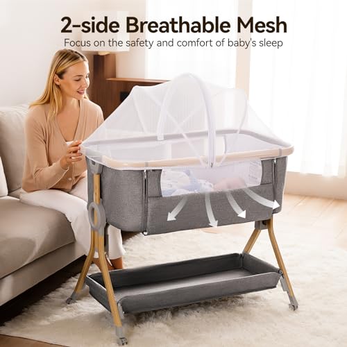 Larex 3 in 1 Baby Bassinet Bedside Sleeper, Breathable Mesh Bedside Bassinet for Baby, Easy Assemble & Folding Portable Bassinet, 5 Height Adjustable Bedside Crib with Storage Basket, Mattress, Wheels - Thumbnail 4