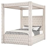 Wirktive Velvet Canopy Bed Frame King - Upholstered Four Poster Bed Frame with Tufted Headboard and Footboard, Luxury Bed Frame with Wood Slats for Bedroom Furniture, Box Spring Required, Ivory