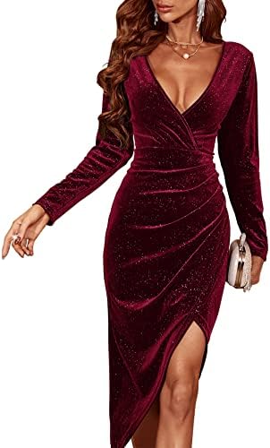 Dokuritu Wrap Glitter Velvet Burgundy Bridesmaid Dresses for Wedding Long Sleeve Cocktail Split V Neck Little Wine Dress for Women Fall (Wine, XL)