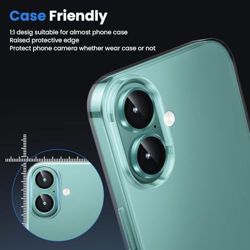 Image of for iphone 16 /16 Plus camera lens protector Tempered Glass Aluminum Alloy Ring with Camera Cover (Green)