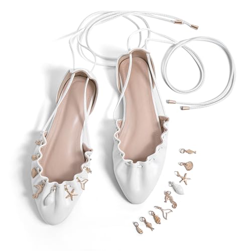 White Flats Ballet Flat Pointed Toe Flats for Women Tie Up Slingback Flat for Women Strappy Sandals Ballerina Shoes Comfortable Wedding Shoes Size 7