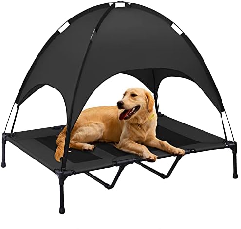 Furrykiddy 47.6''L Elevated Dog Bed, Outdoor Dog Bed with Canopy, Raised Pet Cot, Outside Pet Bed, Carrying Bag, Durable Oxford Fabric, Portable for Camping - Black