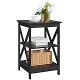 Yaheetech 3 Tier Sofa Side End Table with Shelf, X Shape Chair Side Coffee Snack Table for Living Room, Bedside Table Night Stand Display Unit Organizer, Black