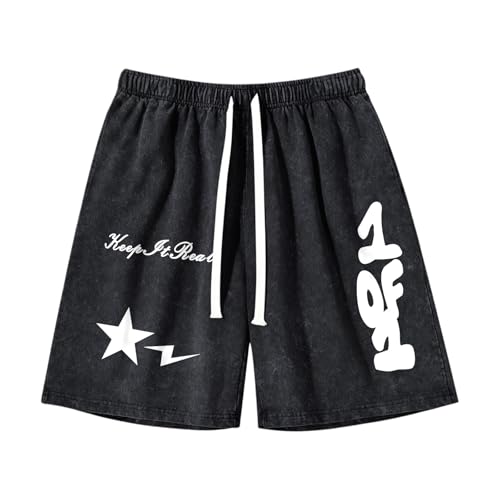 Weripoah Graphic Shorts for Boys Streetwear Y2k Short Star Lettering Print Shorts Kids Vintage Aicd Wash Drawstring Shorts(Black,160)