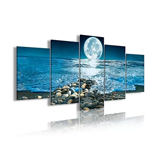 DekoArte 441 - Cuadros Modernos Impresión de Imagen Artística Digitalizada | Lienzo Decorativo Para Tu Salón o Dormitorio | Estilo Paisaje Nocturno Luna iluminando la Playa| 5 Piezas 200 x 100 cm XXL
