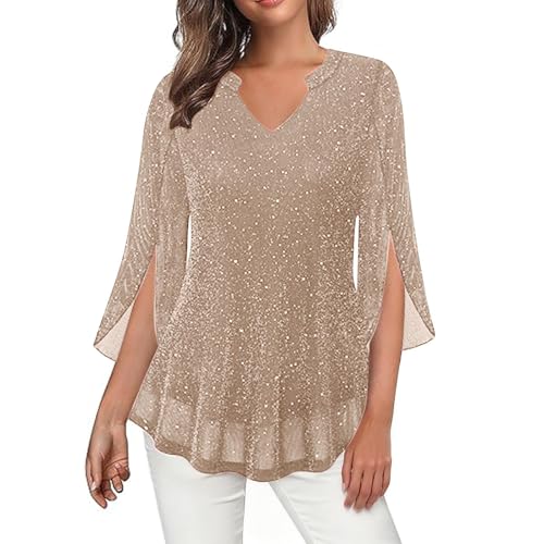 Saxrel Women's Beige Glitter V Neck Blouse – Split Flare Sleeve Sheer Chiffon Tunic Top, Loose Casual Dressy Shirt for Party, Office, Daily Wear