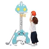 NUKied Kinder Basketballkorb Set| 4 in1Höhenverstellbarer Basketballständer, Fußball, Torring, Toss, Golf, Indoor und Outdoor, Kleinkinder, Sportspielzeug