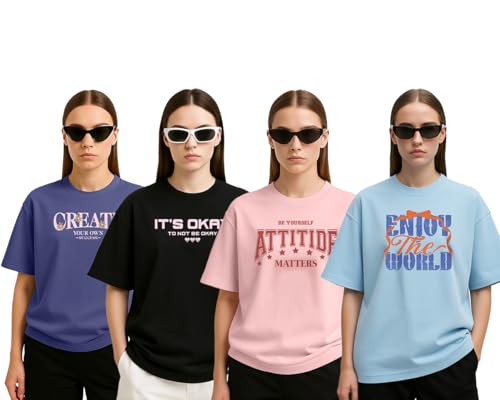 Image of Cotton Blend Oversized Baggy Fit Half Sleeve Printed Round Neck Multicolor Drop Shoulder T-Shirt for Womens & Girls (Pack of 4)