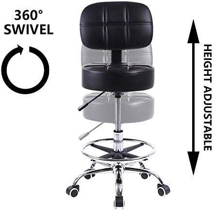 KKTONER Swivel Round Rolling Stool PU Leather with Adjustable Foot Rest, Height Adjustable Task Work Drafting Chair with Back (Black)
