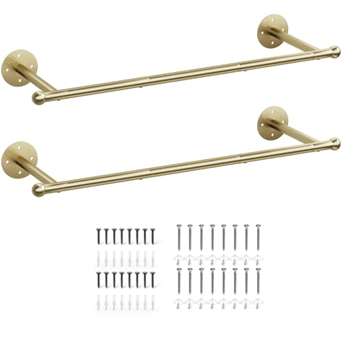 OROPY Industrial Pipe Clothing Rack Set of 2, Wall Mounted Clothes Rack, Closet Rods For Hanging Clothes, 33" Multi-purpose Hanging Rod for Laundry Room, Bedroom and Closet Storage, Gold