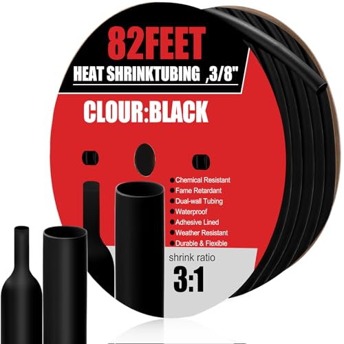 Relaxweex 1 Pcs Heat Shrink Tubing, 3: 1 Ratio Dual Wall Adhesive Lined, Marine Grade Waterproof, Insulated Sealed for Industrial/Automotive Cable Repair(3/8'' (9.5mm)-82ft,Black)