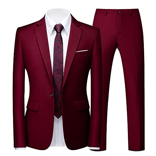 Mens Suit Slim Fit 2 Piece Wedding Party Tux Suits for Men, Wine Red, 36