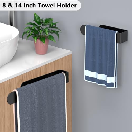 Image of HUFEEOH Black Adhesive Hand Towel Holder Set, 8-Inch Rack and 14-Inch Bar | Stainless Steel U-Shape Design, No Drill, Self-Stick Installation, Washcloth Storage in Bathrooms, Hotels, RVs, Kitchens