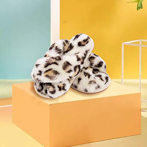 Girl's Fluffy Slippers Kids' Fuzzy Slippers Slide Sandals Leopard Tie Dye Cross Band Plush Open Toe Slip On House Bedroom Slippers (10-11 Little Kids, White Leopard, Numeric_10) #TOP4