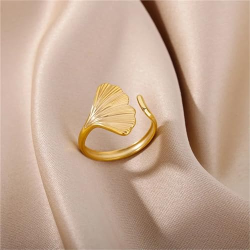 Anillos ginkgo de acero inoxidable para mujer sortija ajustable 5