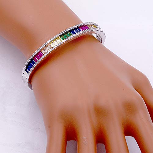 Lavencious Rainbow Color With Cubic Zirconia Stone Bangle For Women And Girls 7” (Silver Multi-Color) #TOP2
