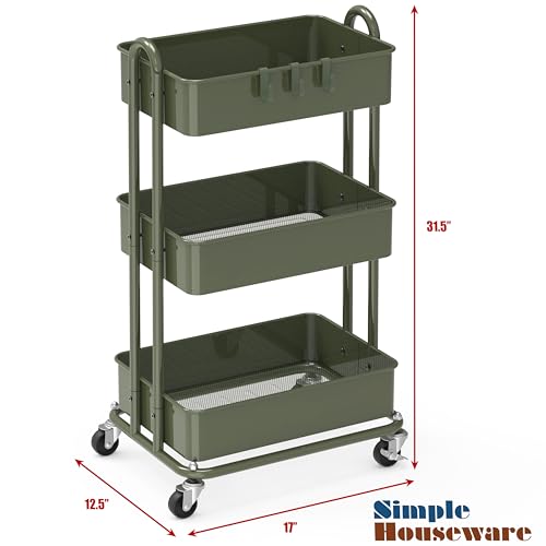 Image of Simple Houseware 3-Tier Heavy Duty Metal Utility Rolling Cart, Army Green