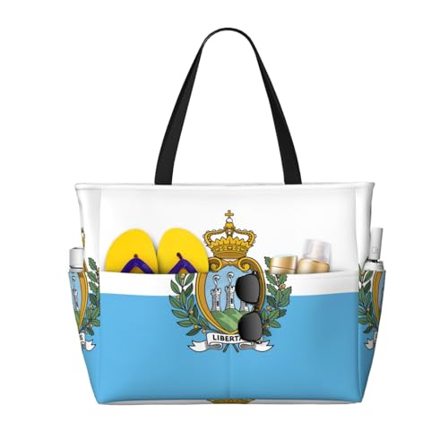 Flag Of San Marino Extra Large Tote Bag For Women,Foldable Beach Bag With Pocket Weekender Travel Overnight Bag
