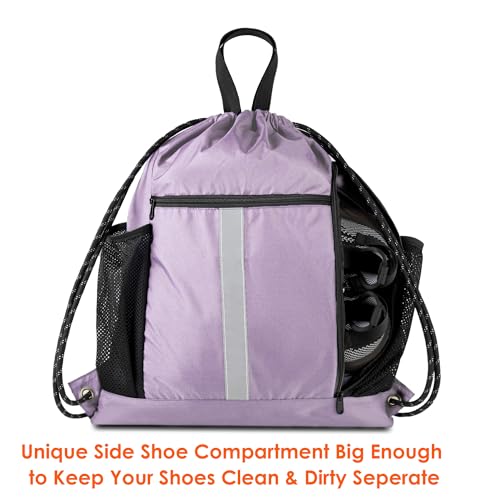 Image of BeeGreen Lilac Drawstring Backpack Bag Gym Sports Backpack with Shoe Compartment and Two Water Bottle Holder for Women Men Large String Athletic Sackpack Workbag