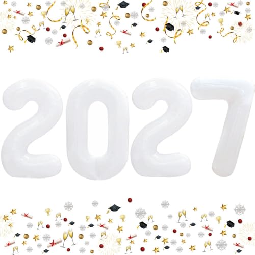 GOER White 2027 Foil Number Balloons for 2027 New Year Eve Festival Party Supplies Graduation Decorations (42 Inch)