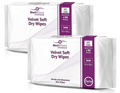 Farla Medical MediWipes Velvet Soft Dry Wipes, 2 Pack of 100, Super Absorbent, Biodegradable, Skin Cleansing Wipes for Adults & Babies