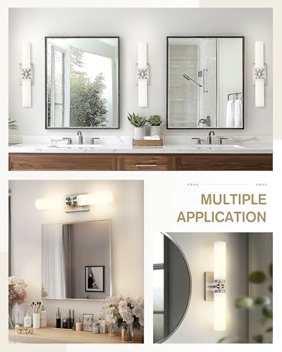 Image of Emak Brushed Nickel Vanity Light, 21 Inch Cylinder Bathroom Lighting Fixtures Over Mirror, Modern 2-Light Wall Sconce with Milk Glass Shade, VL086-BN-ML-2