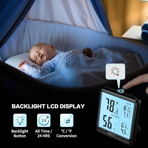 DOQAUS Room Thermometer Hygrometer, Digital Indoor Thermometer with Backlight, Large Screen Temperature Monitor Humidity Meter for Home, Bedroom, Baby Room, Office, Greenhouse (Black)