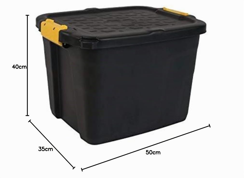 Strata Ensemble de 3 boîtes de rangement robustes, boîtier empilable sécurisé, 42 litres, 50 x 40 x 35 cm, résistant à 410 kg, Noir/Jaune