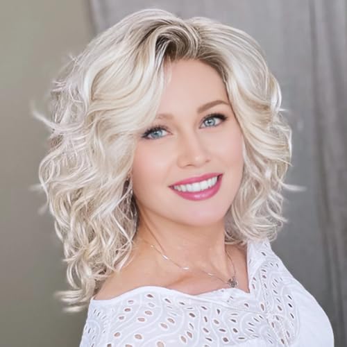 RENERSHOW Medium Platinum Blonde Curly Wigs for White Women Ombre Blonde Wavy Wig Side Part Synthetic Hair Replacement Wig