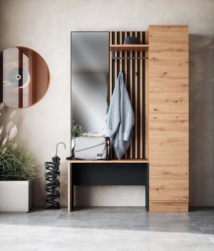Newroom Garderobe mit Spiegel & Ablage - Schuhschrank Schuhregal Flurgarderobe mit Haken & Schuhbank Funktion - Garderobenschrank Wandgarderobe Garderobenpaneel in Holzoptik