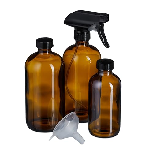 Relaxdays Sprühflasche Glas, 4er Set, 250ml, Nebel & Strahl, Wassersprüher für Haare, Reinigung, Pflanzen, braun/schwarz.