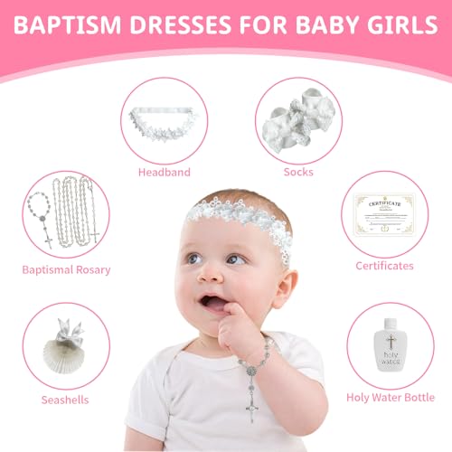 TBTFW 7Pcs Baptismal Accessories- White Christening Sock Headband Rosary Cross Bracelet Seashell Certificates and Holy Water Bottle3