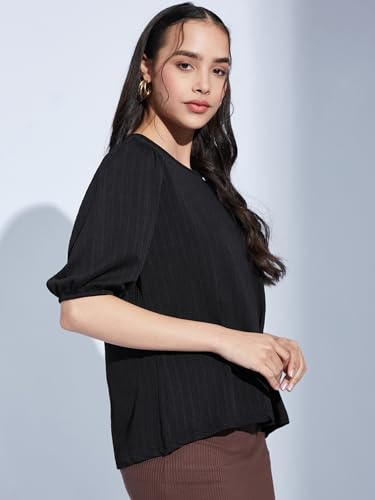 Image of Selvia Textured Lycra Plain Regular fit Round Neck Balloon Sleeve Stylish