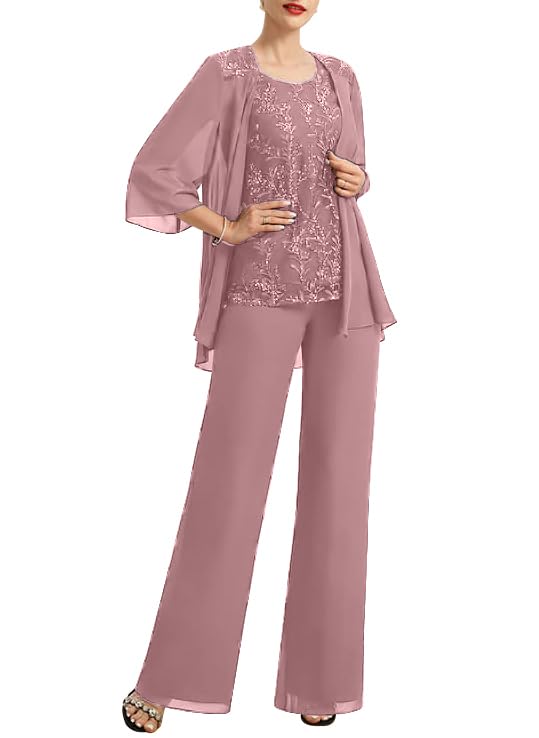 3 Pieces Mother of The Bride Dressy Pant Suits for Women Chiffon Lace Mother of Groom Pant Suits