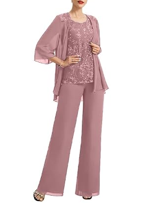 3 Pieces Mother of The Bride Dressy Pant Suits for Women Chiffon Lace Mother of Groom Pant Suits