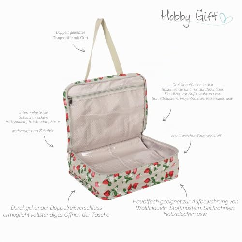 Hobby Gift Große Stricktasche Projektetui – 100% Baumwolle, Erdbeeren, 34 x 28 x 12 cm – Bild 6