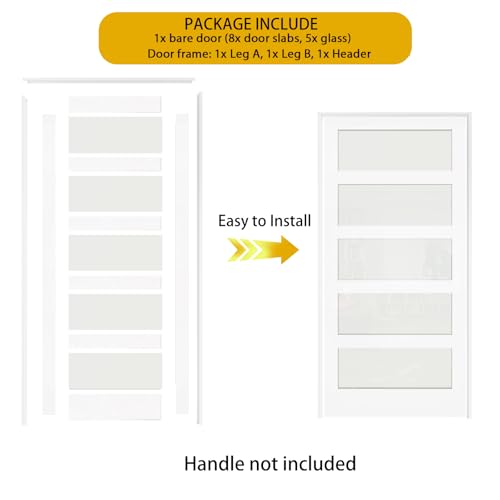 SOLRIG 30\" x 80\" French Interior Door - 5 Lites Tempered Frosted Glass Pantry Door Slab with Door Jamb Frame, Closet & Bathroom Single Door Panel Need to Assembly (Not Including Handles and Hinges)