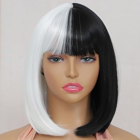 Short Bob Wig with Bangs, Half Black and White Synthetic Straight Hair Wigs for Women, 14 Inch Cosplay Costume Bob Wig (Half black and white) Cover