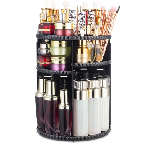 sanipoe 360 Rotating Makeup Organizer, Adjustable Bathroom Makeup Spinning Storage Holder, Large Capacity Carousel Cosmetics Display Cases for Vanity, Skincare, Countertop Organization, Black