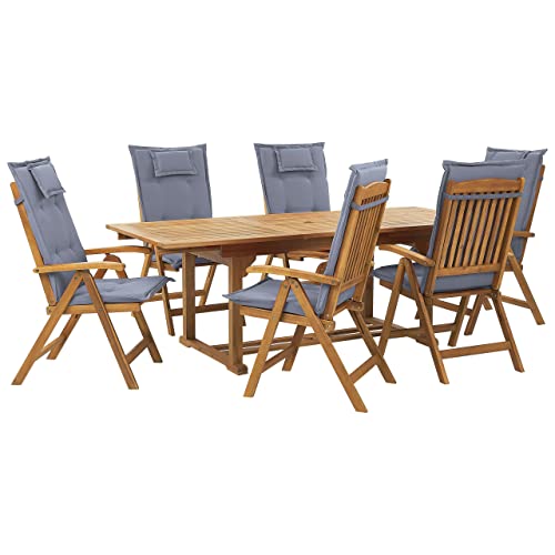 Image of Beliani Garden Dining Set 6 Seater Brown Acacia Wood Foldable Chairs Blue